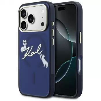 Husă MagSafe KARL LAGERFELD IML Choupettes KarlScript Logo pentru Apple iPhone 17 Pro Max - albastră