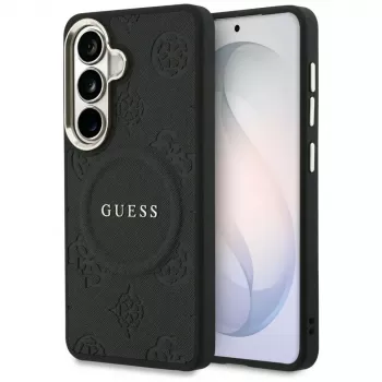 Husă MagSafe Guess Saffiano Peony Embossed Ring pentru Samsung Galaxy S26, neagră