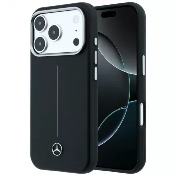 Husă MagSafe Mercedes-Benz Leather Semi Wrap Iconic Line pentru iPhone 17 Pro, neagră