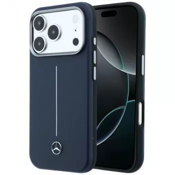 Husă MagSafe Mercedes Leather Semi Wrap Iconic Line pentru iPhone 17 Pro, bleumarin