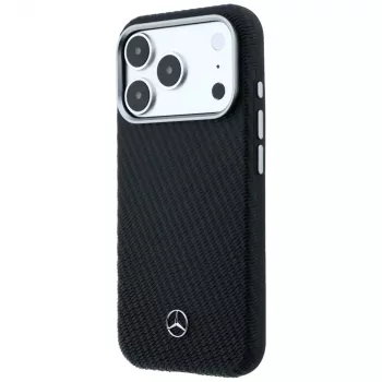 Husă MagSafe Mercedes-Benz Semi Wrap din piele cu efect de lemn pentru iPhone 17 Pro Max, neagră