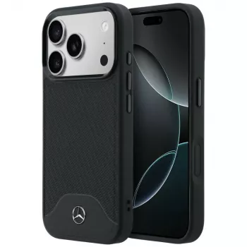 Husă MagSafe Mercedes-Benz din piele cu efect de lemn și curbe pentru iPhone 17 Pro, neagră