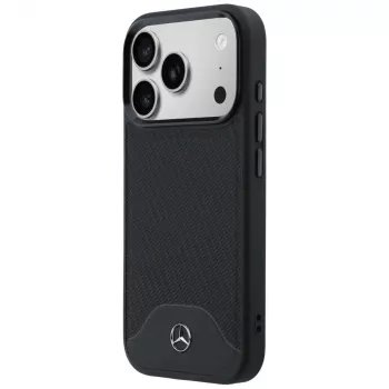Husă MagSafe Mercedes-Benz din piele cu efect de lemn și curbe pentru iPhone 17 Pro, neagră