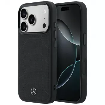 Husă MagSafe Mercedes-Benz din piele Mesh cu Bow Line pentru iPhone 17 Pro Max, neagră