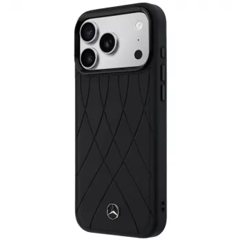 Husă MagSafe Mercedes-Benz din piele cu linii încrucișate pentru iPhone 17 Pro Max, neagră