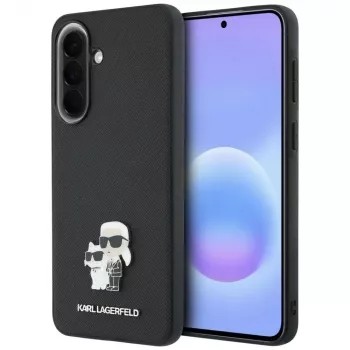 Husă Karl Lagerfeld Saffiano cu logo metalic Karl & Choupette pentru Samsung Galaxy A57 5G, neagră