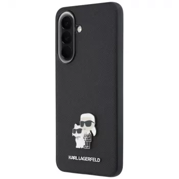 Husă Karl Lagerfeld Saffiano cu logo metalic Karl & Choupette pentru Samsung Galaxy A57 5G, neagră