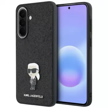Husă Karl Lagerfeld Fixed Glitter Ikonik Logo Metal Pin pentru Samsung Galaxy A37 5G, neagră