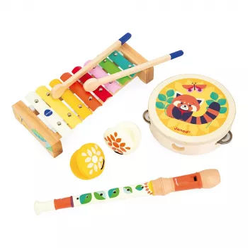 Set de jucării muzicale Janod Gioia – 5 instrumente, din lemn, culori pastel, 18 luni+