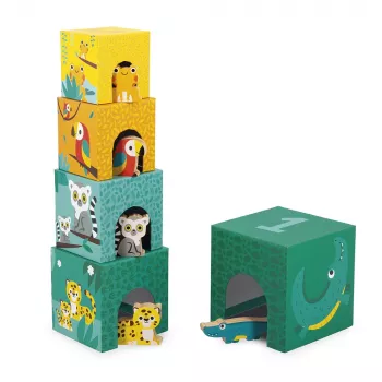 Janod Tropik Turn de stivuit cu 5 cuburi și 3 figurine din lemn, 12m+