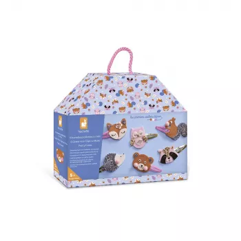 Set creativ Janod pentru confecționat agrafe de păr sclipitoare cu animale de pădure 5+