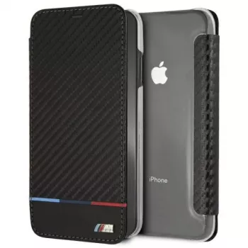 BMW M husă tip carte Carbon Tricolor Stripe pentru Apple iPhone XS Max - negru