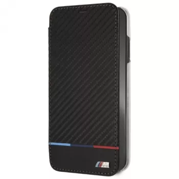 BMW M husă tip carte Carbon Tricolor Stripe pentru Apple iPhone XS Max - negru