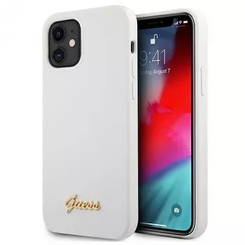 Husă rigidă albă Guess GUHCP12SLSLMGWH pentru iPhone 12 Mini 5,4 inch Metal Logo Script