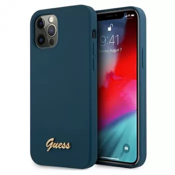 Guess GUHCP12LLSLMGBL Husă rigidă Metal Logo Script pentru Apple iPhone 12 Pro Max, albastră