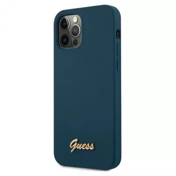 Guess GUHCP12LLSLMGBL Husă rigidă Metal Logo Script pentru Apple iPhone 12 Pro Max, albastră