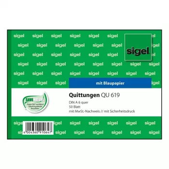 Sigel QU619 carnet de formulare chitanțe, TVA afișat separat, A6 format landscape, 50 file