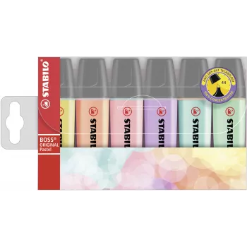 Set de evidențiatoare STABILO BOSS ORIGINAL - 6 piese - culori pastel asortate - vârf daltă - 2 mm / 5 mm - cerneală pe bază de apă