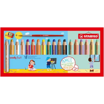 Creion multifuncțional STABILO Woody 3-in-1, 7,6 cm, set pastel de 18 piese cu pensulă
