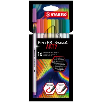 Set carioci cu pensulă STABILO Pen 68 Brush ARTY Edition, 10 culori asortate, în cutie de carton
