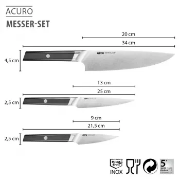 GEFU ACURO set de 3 cuțite - cuțit de bucătar, cuțit universal și cuțit de curățat