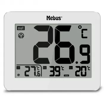 Termometru digital MEBUS 1074 cu temperatură interioară și exterioară, afișaj LCD, montare pe perete, alb