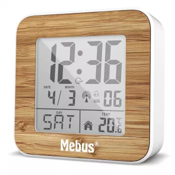 Ceas deșteptător digital radiocontrolat Mebus 27247, alb/imitatie lemn