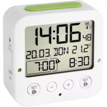 Ceas deșteptător radiocontrolat digital TFA Bingo alb cu temperatură