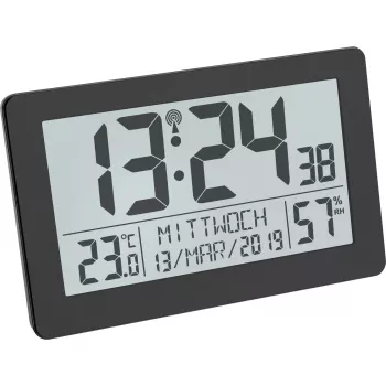 Ceas radio-controlat TFA Dostmann 60.2557.01 cu climat interior, afișaj mare, negru