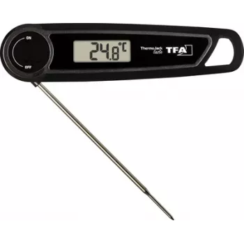Termometru digital de bucătărie TFA THERMO JACK TASTE cu timer și alarmă, sondă din oțel inoxidabil, 160 mm, de la -50 la +300 °C, afișaj LCD, negru/alb