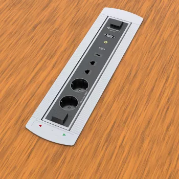 Doza de masă rotativă Kindermann CablePort Turn cu 2 prize Schuko, 2 RJ45 CAT6, 2 HDMI, 1 USB-A 3.0, rotație 360°, argintiu/negru