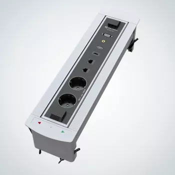 Doza de masă rotativă Kindermann CablePort Turn cu 2 prize Schuko, 2 RJ45 CAT6, 2 HDMI, 1 USB-A 3.0, rotație 360°, argintiu/negru