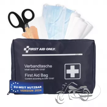 Trusă de prim ajutor pentru motocicletă First Aid Only DIN 13167 albastră cu diverse pansamente
