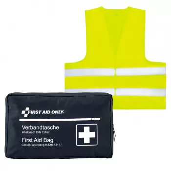 Trusă de prim ajutor pentru motocicletă First Aid Only DIN 13167 albastră cu vestă de avertizare