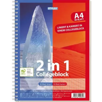 Bloc de colegiu STYLEX 2-in-1 DIN A4 liniat și cu pătrățele