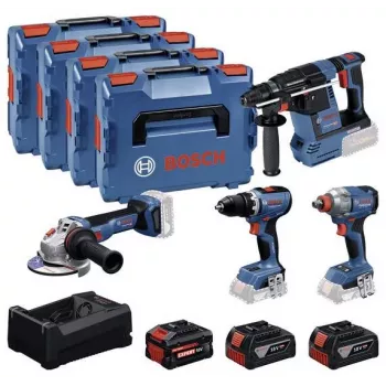 Set combinat BOSCH POWERTOOLS 18V cu mașină de găurit și înșurubat cu acumulator, înșurubător cu impact, ciocan rotopercutor, polizor unghiular (set de 4 scule)