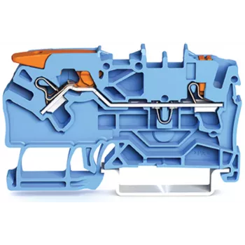 Bornă de trecere 2 conductoare WAGO 2102-5204 cu pârghie și buton, 2,5 mm, albastru