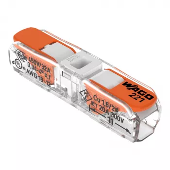 WAGO 221-2401 Inline Splicing Connector, 2-Conductor, 0.2-4 mm², 600 Pieces, Transparent/Orange