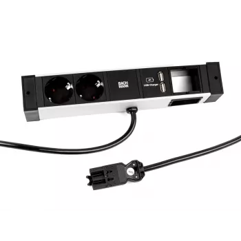 Bachmann DESK Rail Prelungitor cu 2 prize Schuko și 2 porturi de încărcare USB, cablu 2m, argintiu/negru