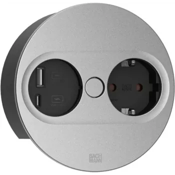 Prelungitor Bachmann TWIST 2 cu 1x priză Schuko și 1x USB A/C, cablu 2,0m, negru/oțel inoxidabil