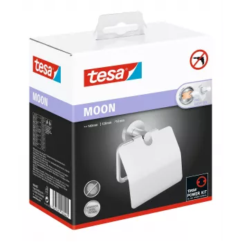 Suport de hârtie igienică cu capac Tesa MOON, autoadeziv, aspect inox, argintiu, 1 bucată