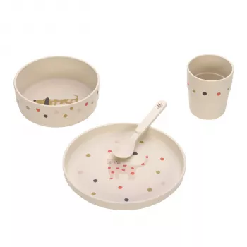 Set de veselă pentru copii Lassig Little Mateys Spicy Orange, 4 piese (farfurie, bol, cană, lingură), 70% polipropilenă și 30% celuloză