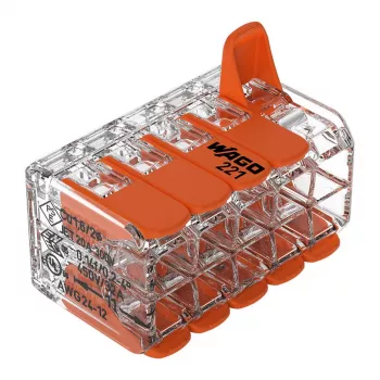 WAGO 221-420 Conector compact de îmbinare cu pârghii, 10 conductori, 0,2-4 mm², carcasă transparentă, pârghie portocalie, pachet de 10