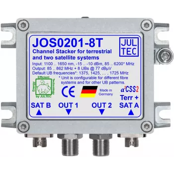 Convertor pe un singur cablu JULTEC JOS0201-8T Unicable II / JESS cu 2 intrări optice satelit și 1 intrare optică terestră, 8 ieșiri F-Type, conectori FC/PC