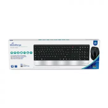 Set tastatură și mouse wireless MediaRange, layout german (GR), format complet cu bloc numeric și taste Fn, mouse cu 6 butoane cu rotiță de derulare și butoane pentru degetul mare, 1000-1600 dpi, negru/argintiu (MROS105-GR)