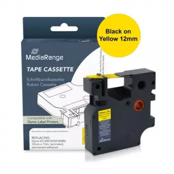 Casetă cu bandă de etichete MediaRange compatibilă cu Dymo 12mm x 7m negru pe galben (MRDY45018)