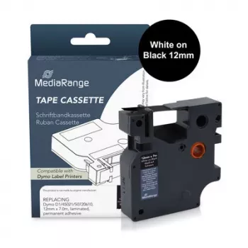 Casetă cu bandă de etichete MediaRange compatibilă cu Dymo 12mm x 7m alb pe negru (MRDY45021)