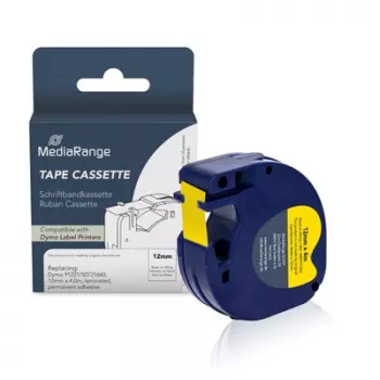 Casetă cu bandă de etichete MediaRange compatibilă cu Dymo 12mm x 4m negru pe galben (MRDY91222)
