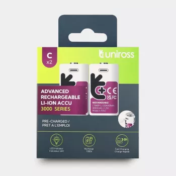 Acumulatori litiu-ion reîncărcabili Uniross USB-C C/HR14 3000 mAh, pack de 2