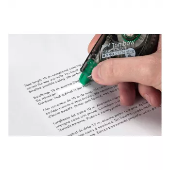 Rolă corectoare Tombow 10 m x 4,2 mm bandă albă carcasă albastră transparentă